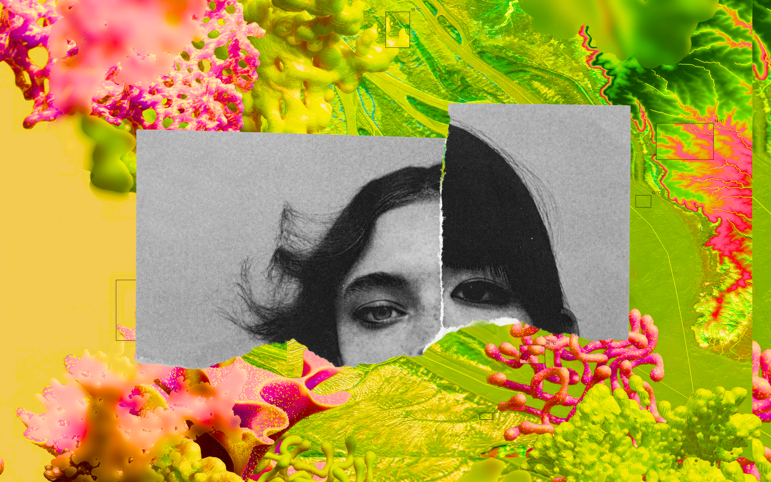 A torn grayscale portrait collage of a face placed over vivid pink and green florals. Visually layered and surreal, evoking glitch and distortion.